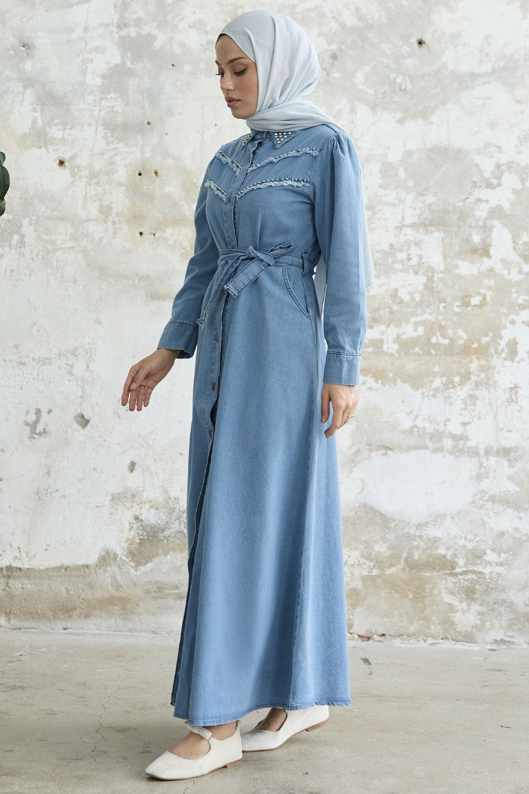MDS Women Tasseled Beaded Denim Dress - Blue - Queen Creek