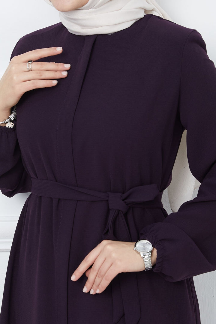 MDS Women Belted Honeycomb Fabric Abaya - Purple - Sète
