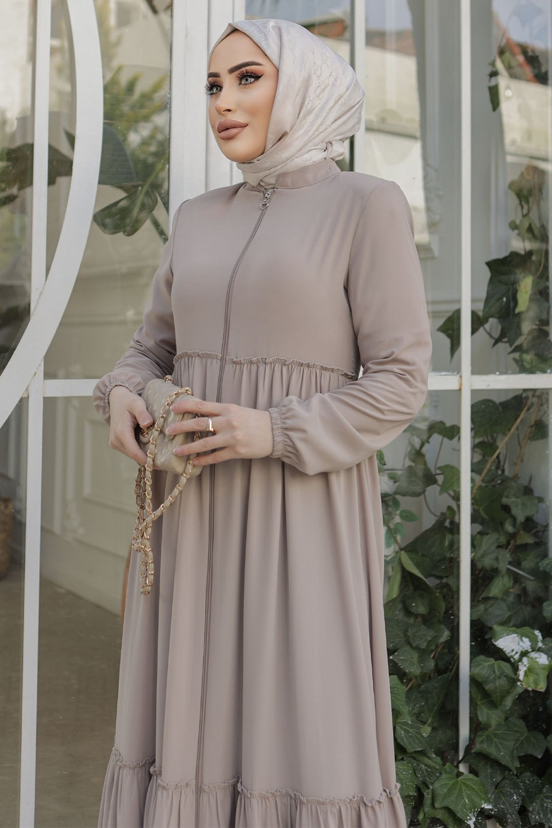 MDS Women Pleated Detail Zippered Abaya - Beige - Cedar Park