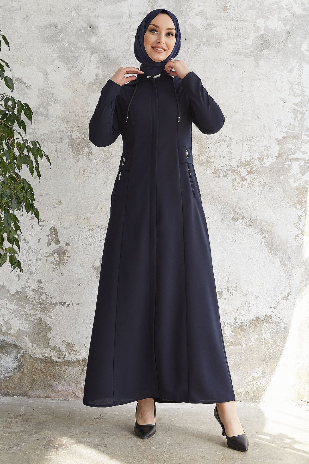 MDS Women Elena White Detailed Hooded Abaya - Navy Blue - Champaign