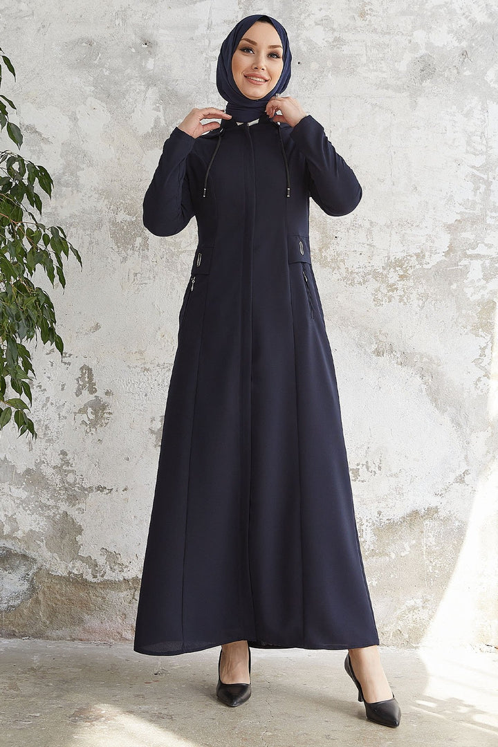 MDS Women Elena White Detailed Hooded Abaya - Navy Blue - Champaign