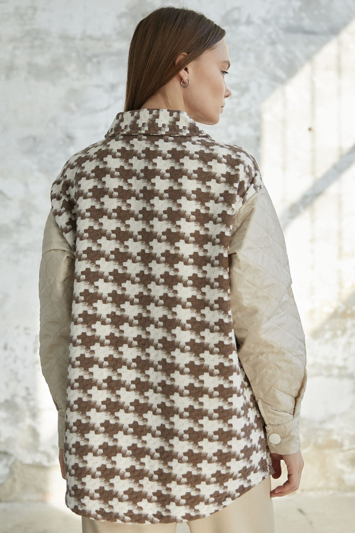 MDS Women Herringbone Pattern Quilted Jacket - Brown - Saint John