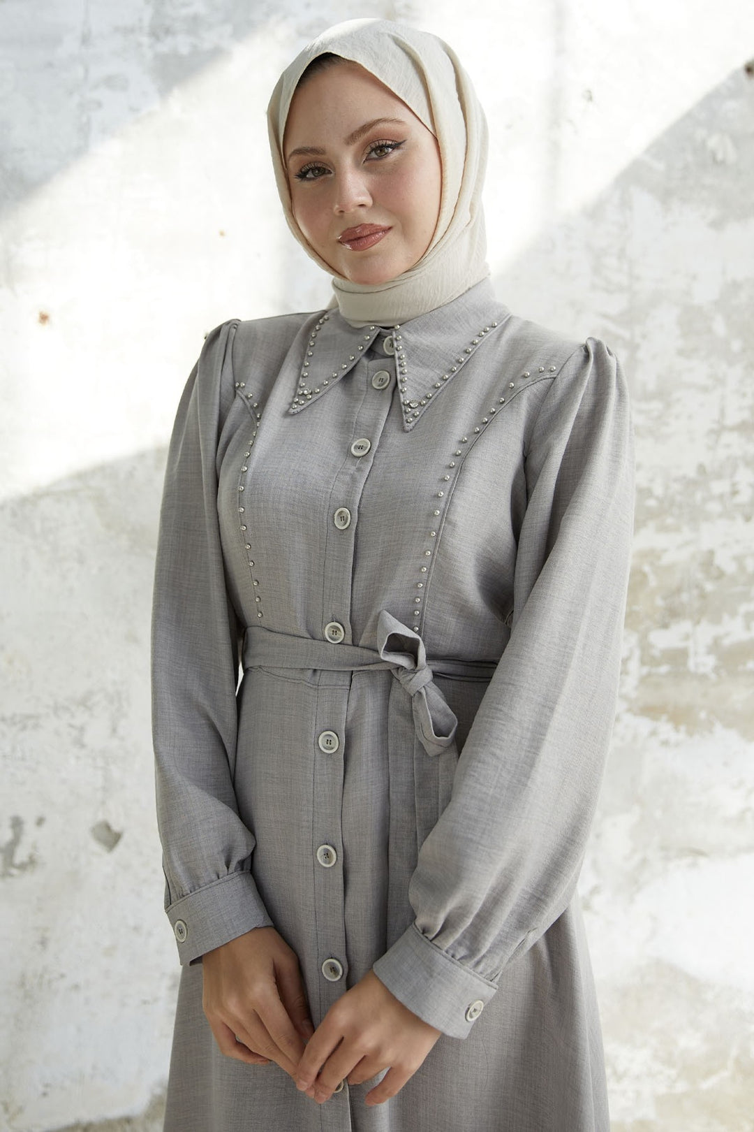 MDS Women Beaded Buttoned Linen Dress - Gray - Townsville
