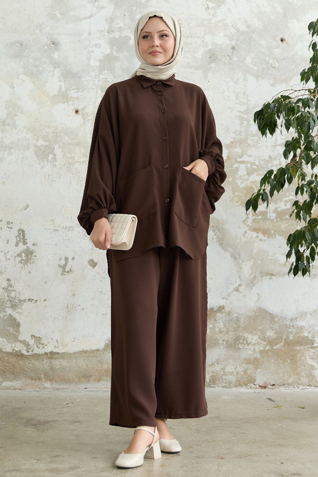 MDS Women Muno Balloon Sleeve Slouchy Bitter Coffee Set - Rechytsa