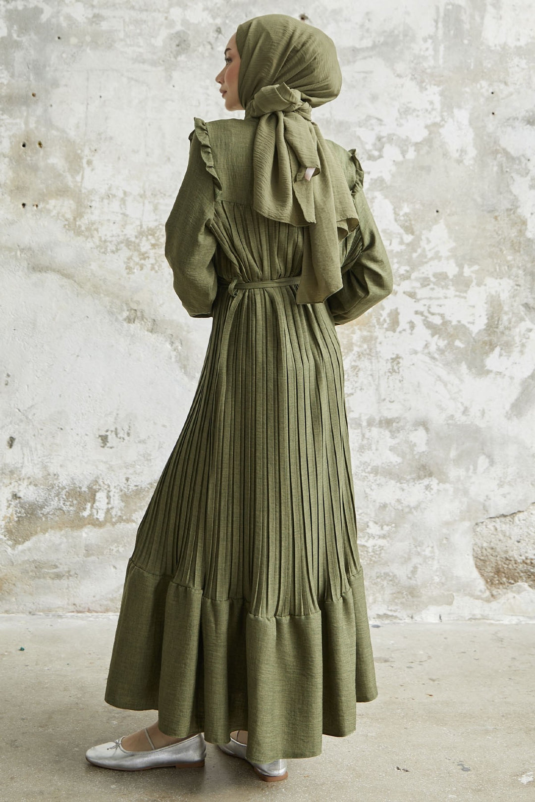 MDS Women Ruffle Trim Linen Dress with Puff Sleeves - Khaki - Manukau City