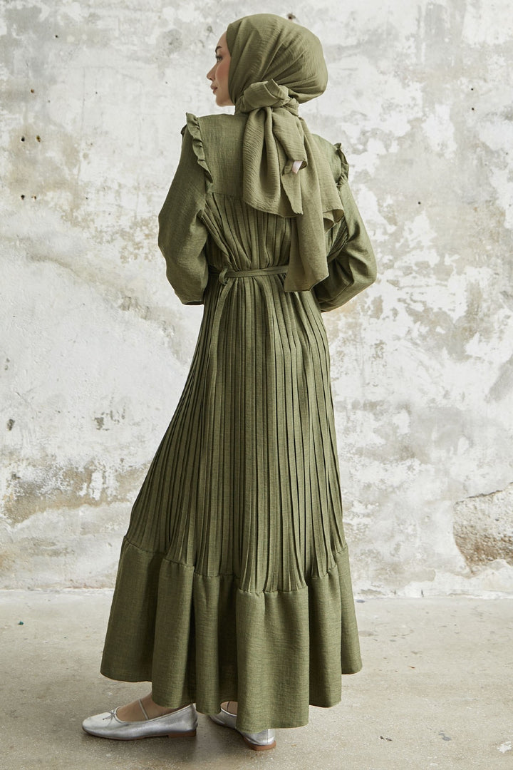 MDS Women Ruffle Trim Linen Dress with Puff Sleeves - Khaki - Manukau City