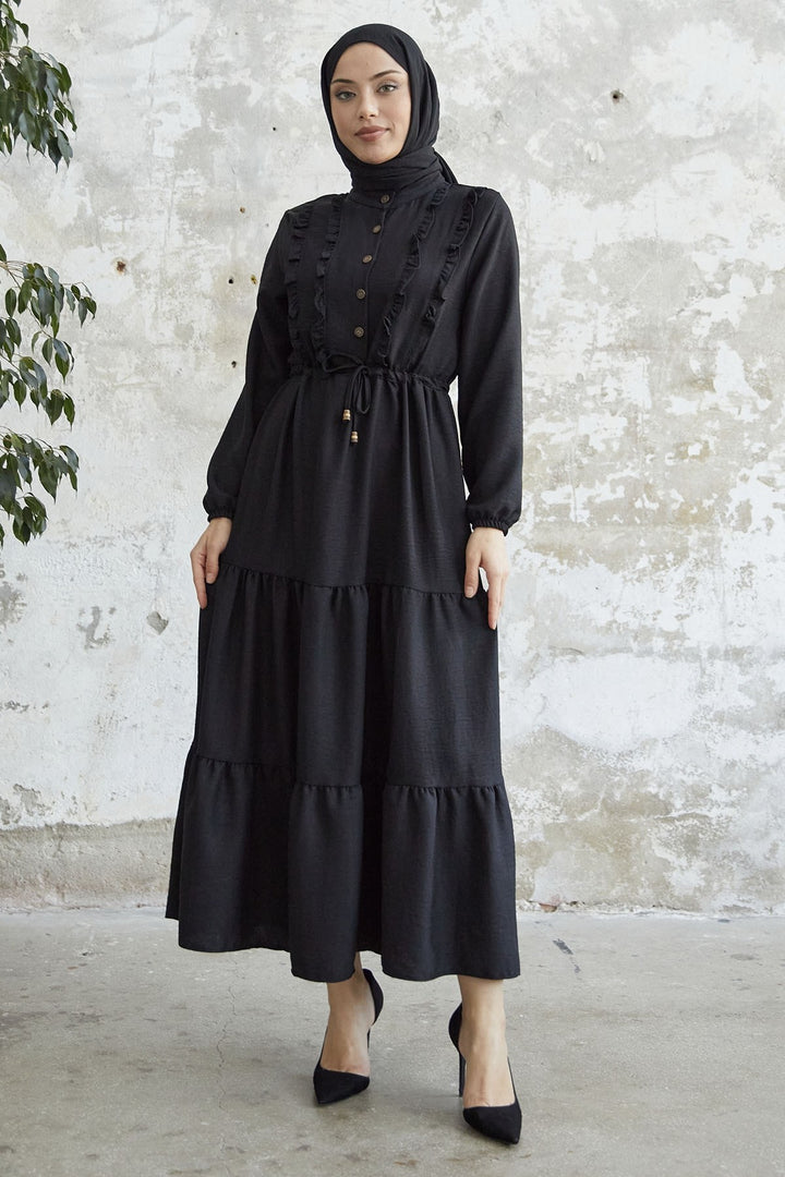 MDS Women Frilled Detail Buttoned A-line Dress - Black - Memmingen