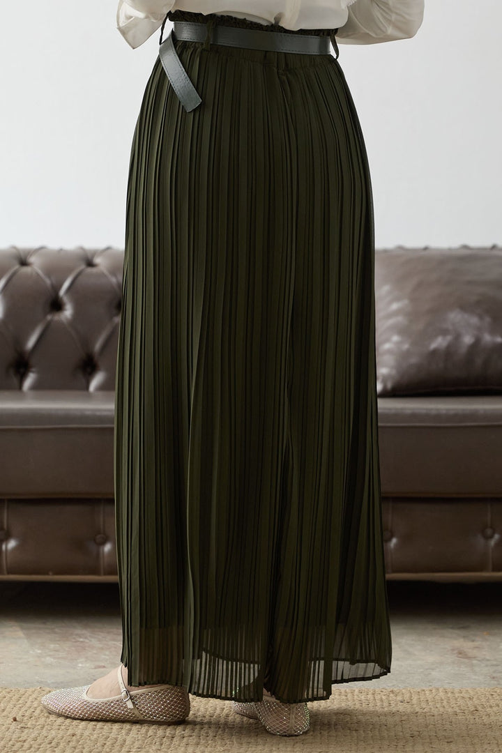 MDS Women Ruched Chiffon Skirt with Belt - Khaki - Dachau