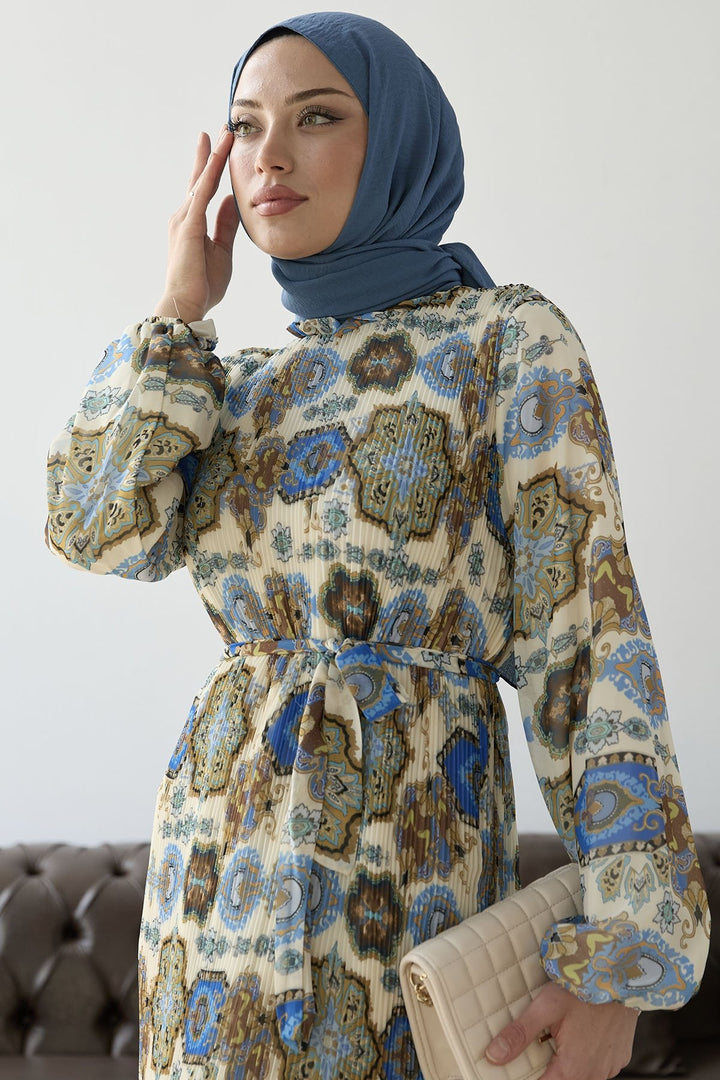 MDS Women Pleated Shawl Pattern Chiffon Dress - Blue - Rincón de Romos