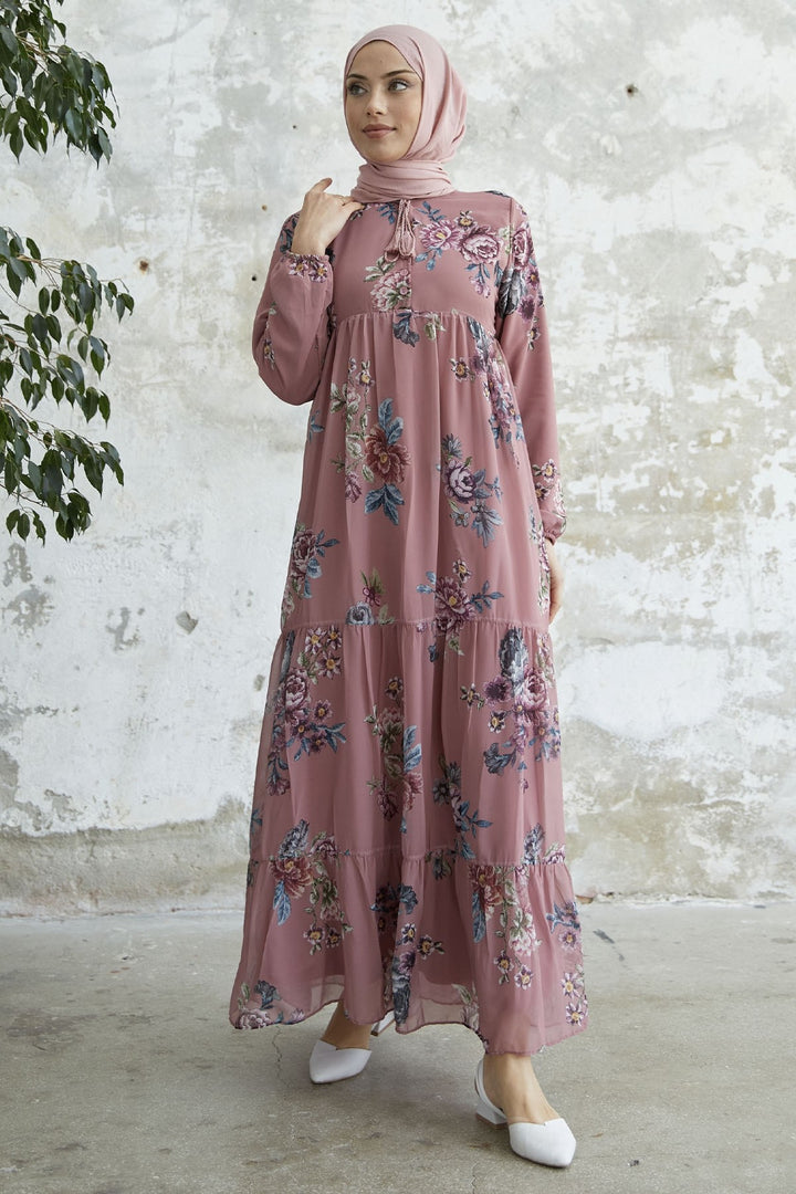 MDS Women Lace-Up Floral Chiffon Dress - Rose Pink - Silver Spring