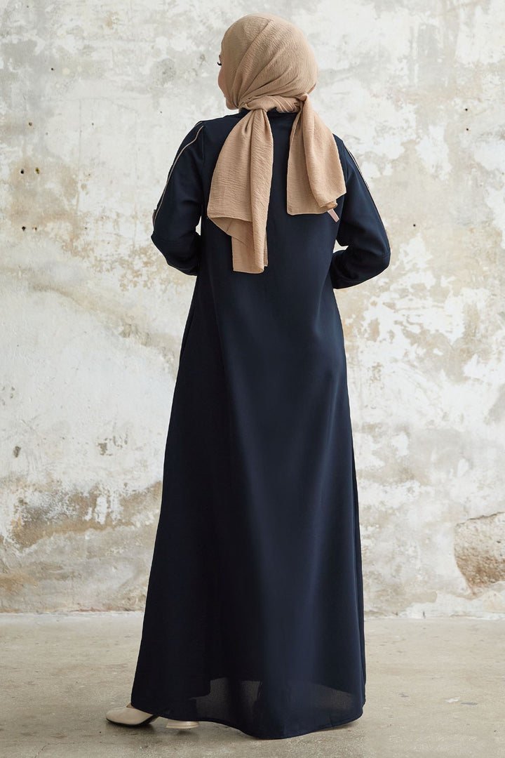 MDS Women Navy Blue Abaya with Half Collar and Striped Cuff - Owings Mills