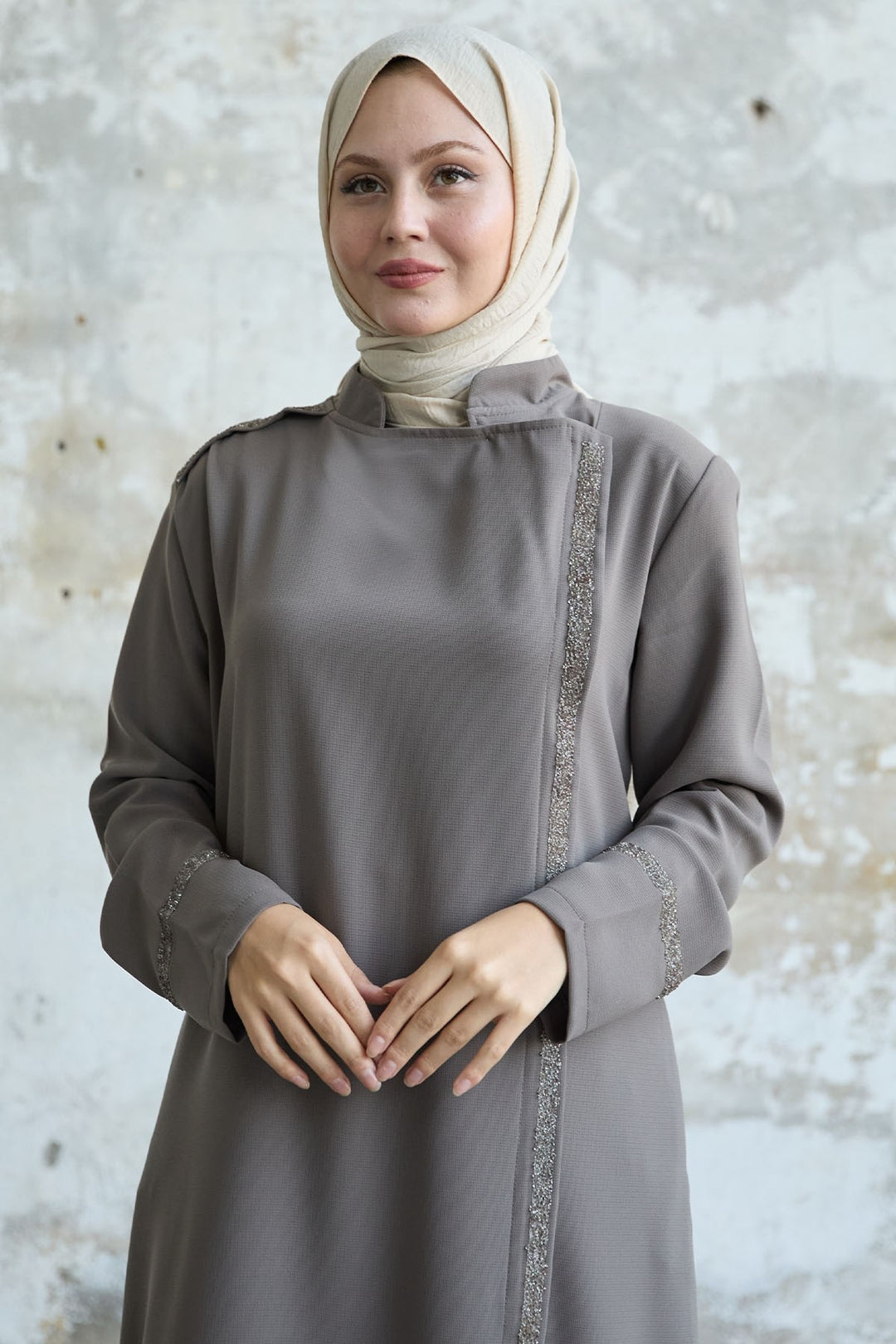 MDS Women Beige Abaya with Stone-embellished Collar and Front Scarf - Altrincham