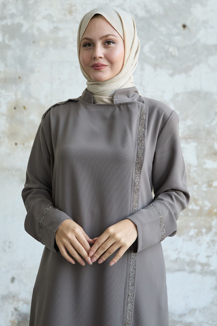 MDS Women Beige Abaya with Stone-embellished Collar and Front Scarf - Altrincham