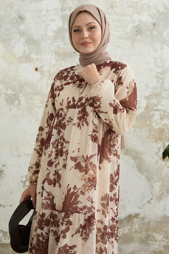 MDS Women Brown Chiffon Dress with Leaf Pattern and Tassels on the Front - Tehuacán