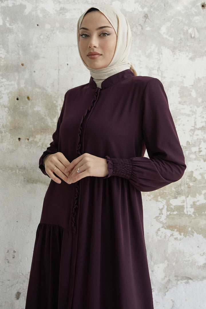 MDS Women Frill Flounce Asymmetric Cut Abaya - Purple - Amarante