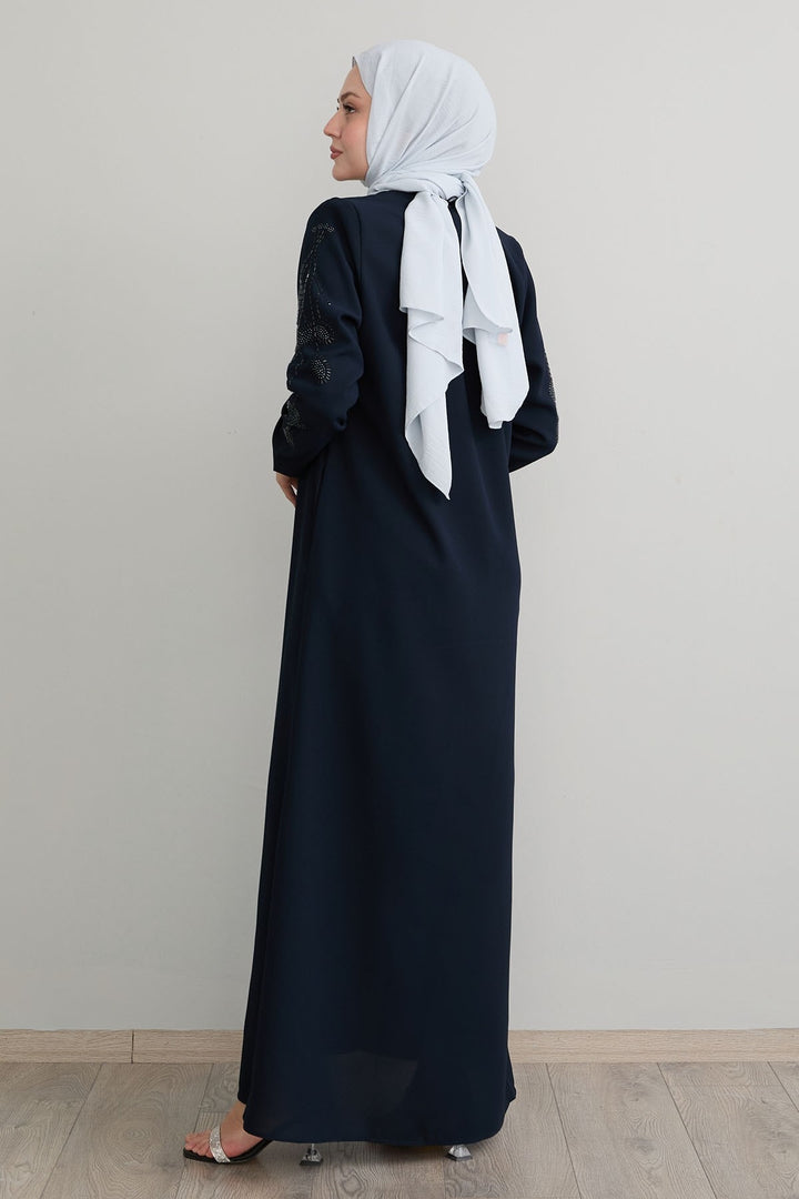 MDS Women Navy Blue Abaya with Leaf Pearl Sleeves - Huntersville