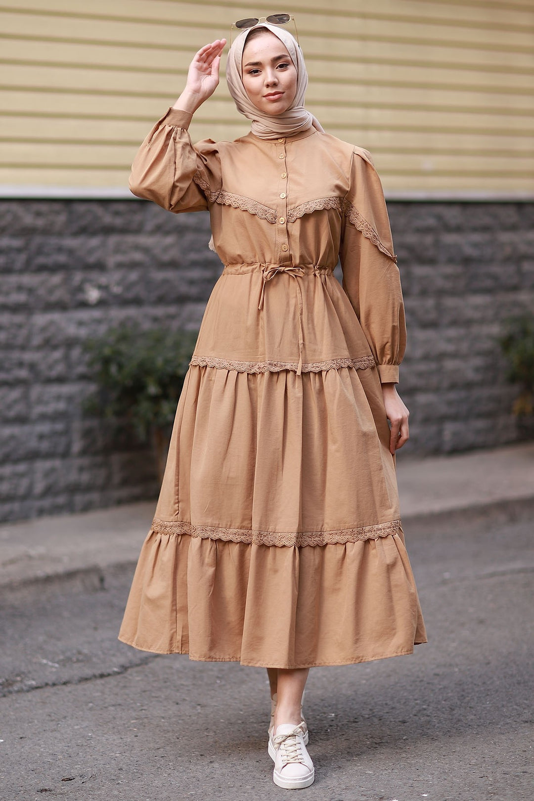 MDS Women Guipure Detail Balloon Sleeve Dress - Brown - Brookhaven