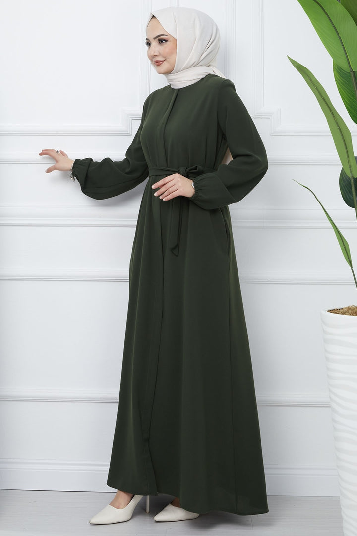 MDS Women Belted Honeycomb Fabric Abaya - Khaki - Zhytomyr