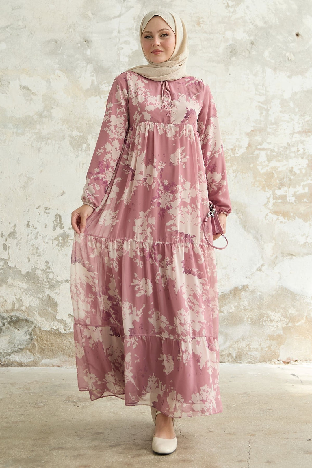 MDS Women Leaf Pattern Front Tasseled Rose Dry Chiffon Dress - Bitterfeld