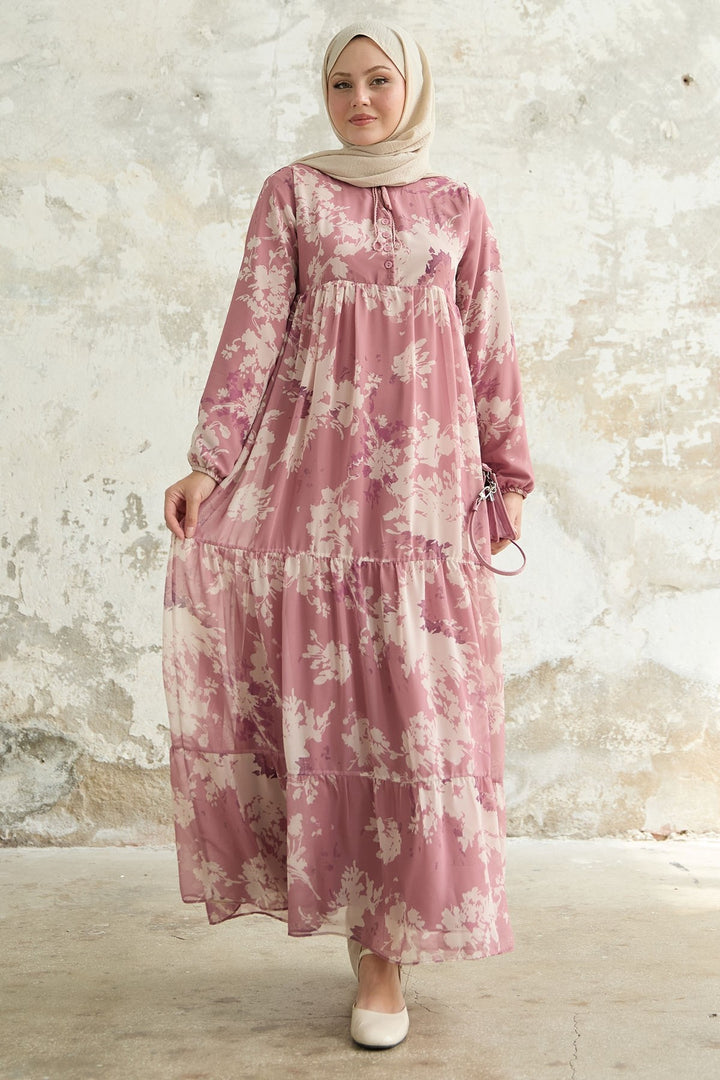 MDS Women Leaf Pattern Front Tasseled Rose Dry Chiffon Dress - Bitterfeld