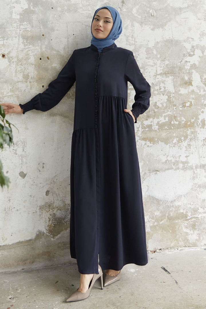 MDS Women Frilled Flared Asymmetric Cut Abaya - Navy Blue - Stolberg