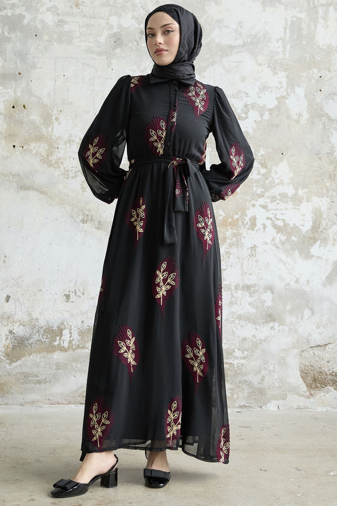 MDS Women Leaf Pattern Embroidered Dress - Red - Littleton