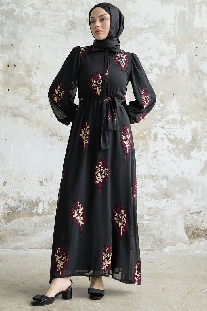 MDS Women Leaf Pattern Embroidered Dress - Red - Littleton