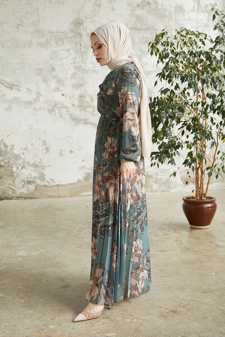 MDS Women Serena Flower Pattern Pleated Chiffon Dress - Petrol Green - Veenendaal