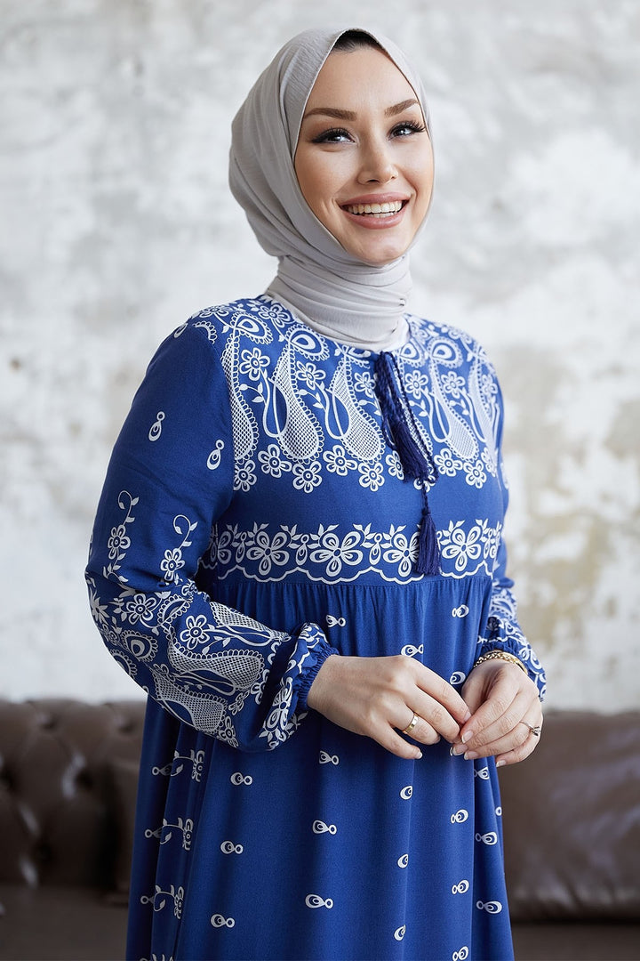 MDS Women Viscose Dress with Tassel Pattern in Front of the Jungle - Indigo - Manacor