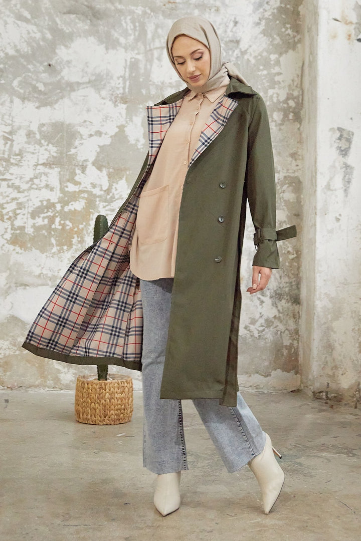 MDS Women Eleta Double-Breasted Checkered Trench Coat - Khaki - Zacatepec