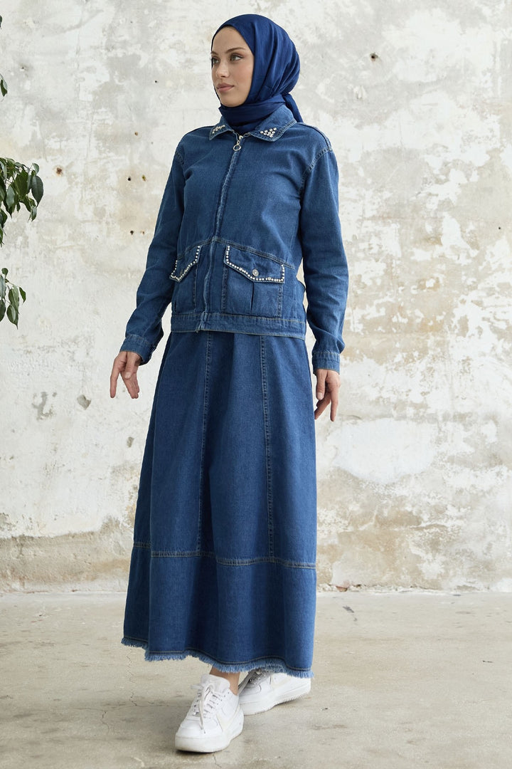 MDS Women Pearl-Trimmed Suit - Dark Blue - Kutaisi