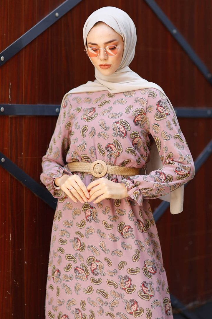 MDS Women Mesh Belted Chiffon Dress with Shawl Pattern - Rose Pink - Paramount
