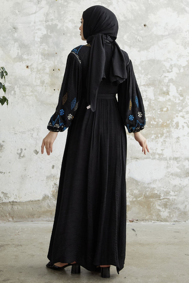 MDS Women Waffle Dress with Embroidered Sleeve - Black - Golden Glades