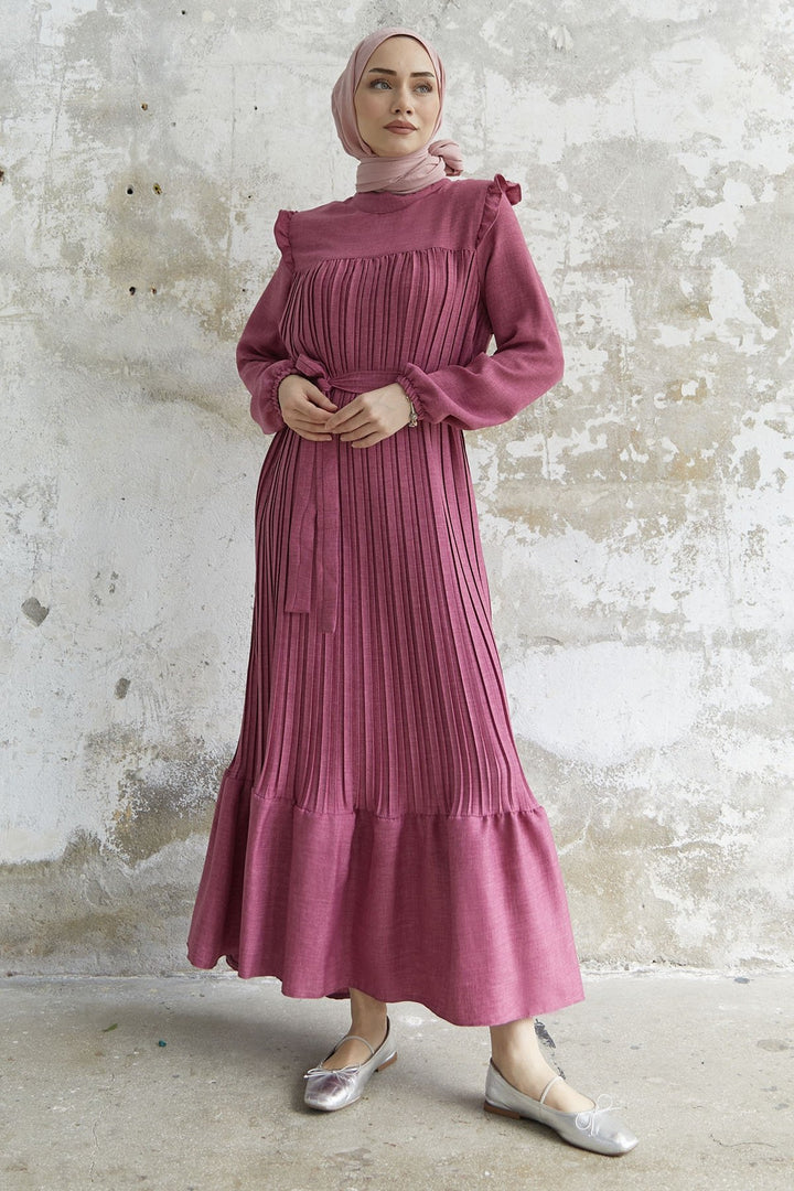 MDS Women Ruffle Trim Linen Dress with Puff Sleeves - Fuchsia - Irvine