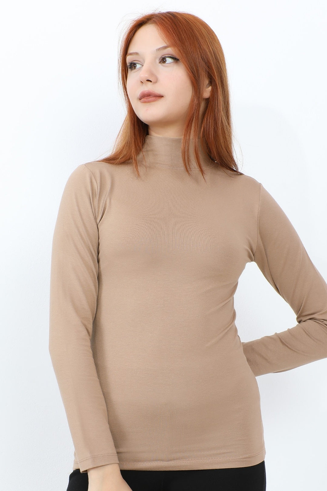 MDS Women Long Sleeve Fisherman Collar Basic Bodysuit - Beige - Beavercreek