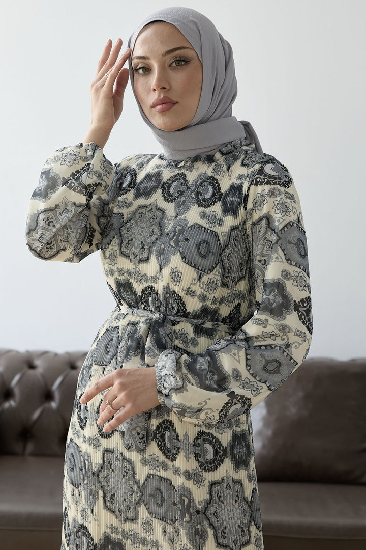 MDS Women Pleated Shawl Pattern Chiffon Dress - Gray - Gjilan