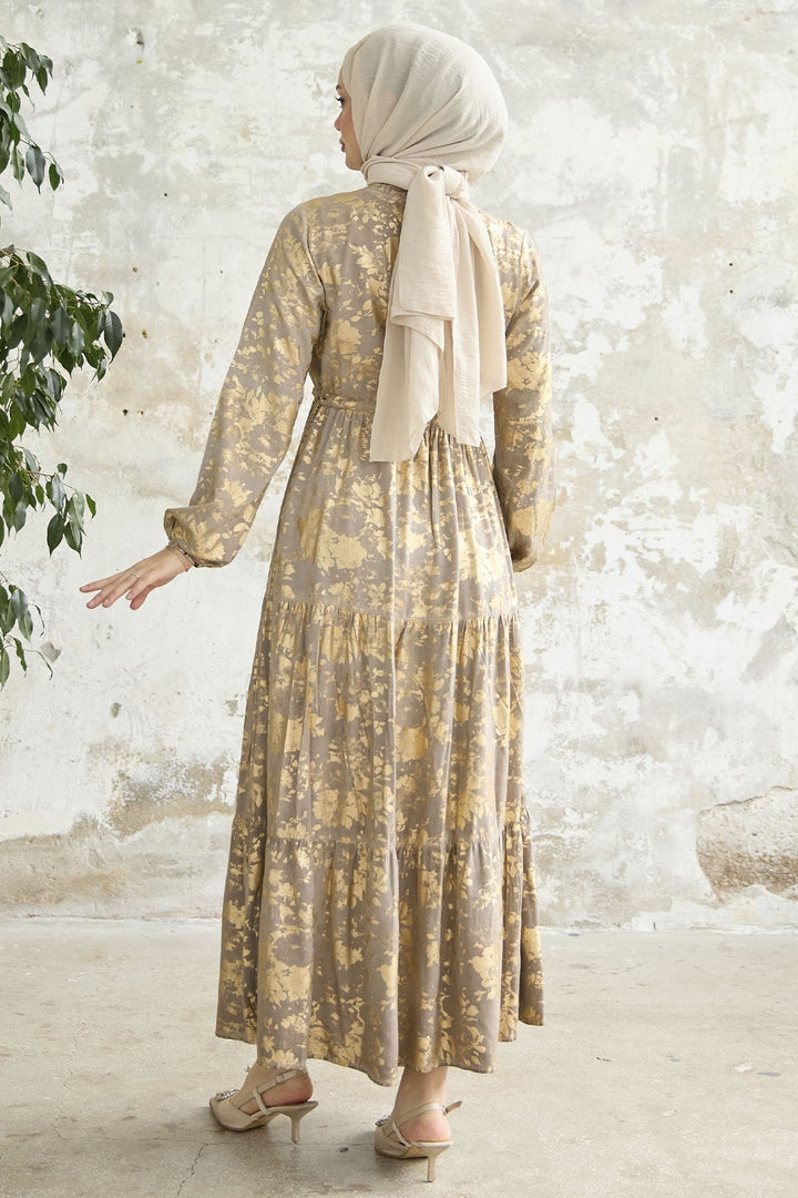 MDS Women Gold Leaf Patterned Dress - Beige - Berwyn