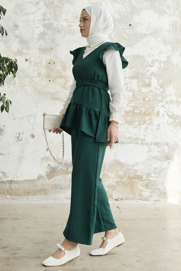 MDS Women Ruffled Shoulder Three Piece Set - Emerald Green - Waukesha