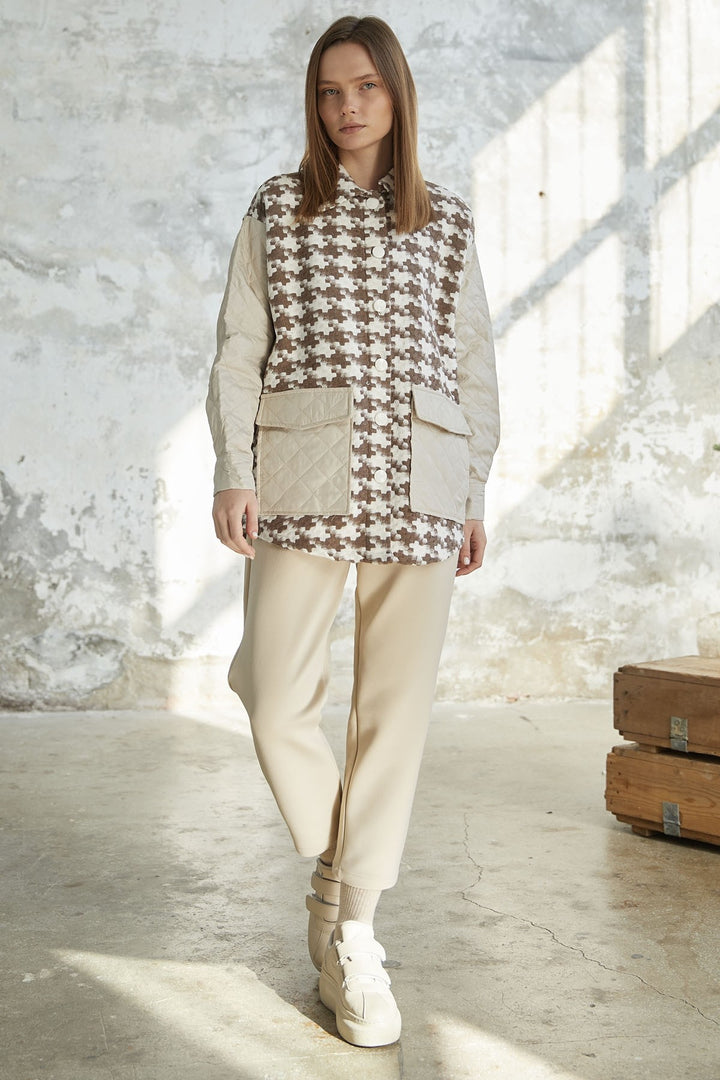 MDS Women Herringbone Pattern Quilted Jacket - Brown - Saint John