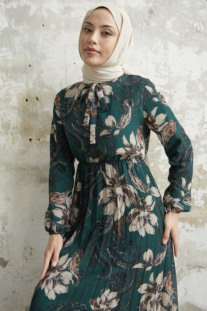 MDS Women Serena Flower Pattern Pleated Chiffon Dress - Green - Saint-Maur-des-Fossés