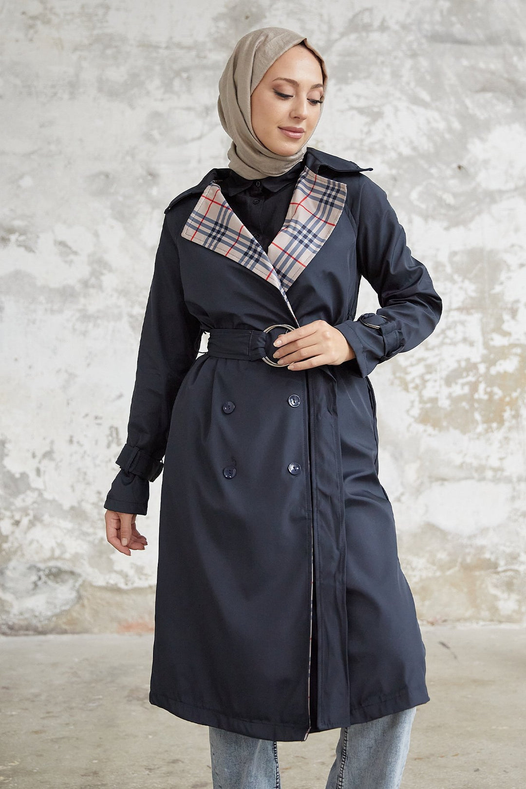 MDS Women Eleta Double-Breasted Checkered Trench Coat - Navy - Weymouth