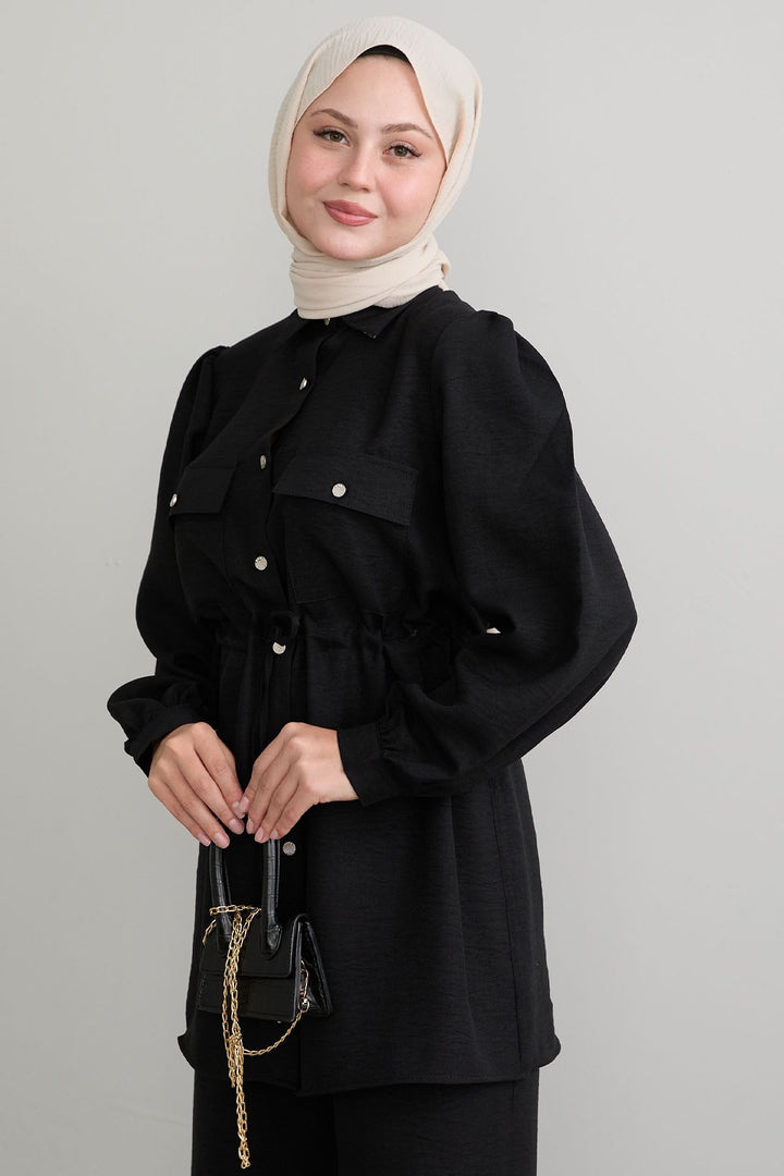 MDS Women Tunnel Arched Black Linen Suit - Beauvais