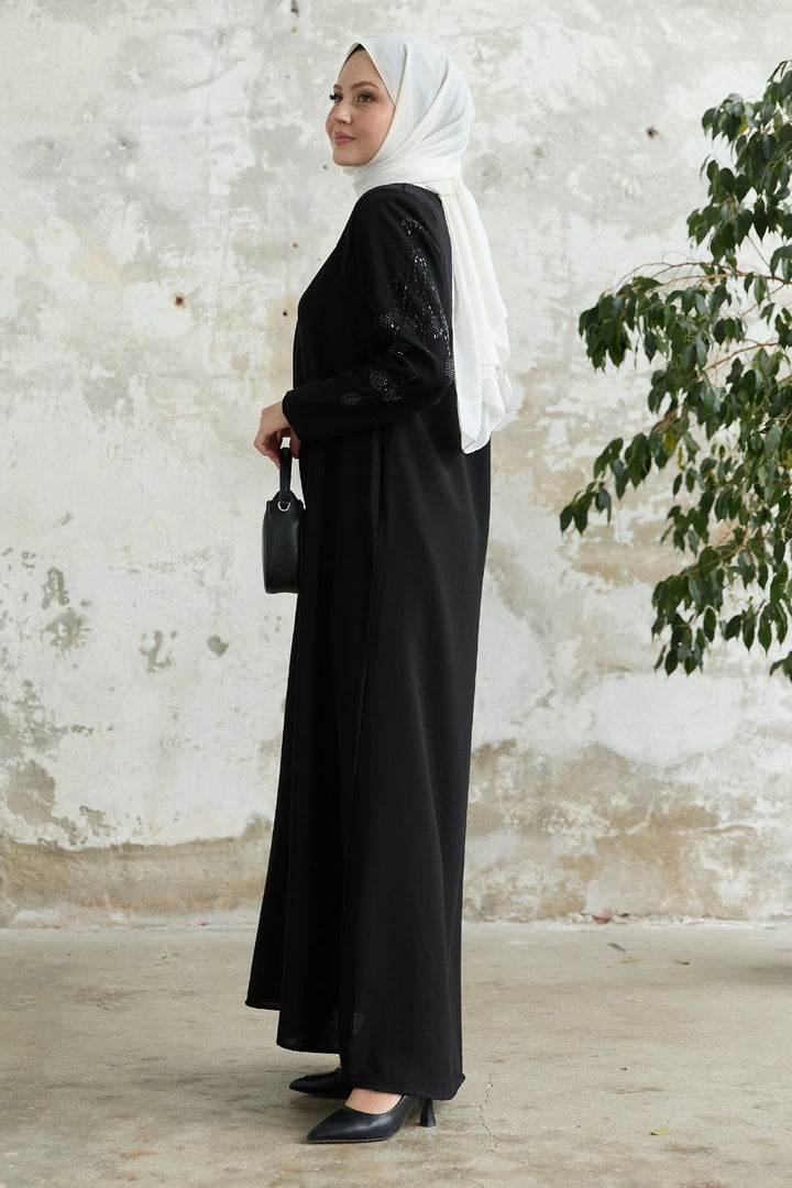 MDS Women Black Abaya with Leaf Pearl Sleeves - Oakland