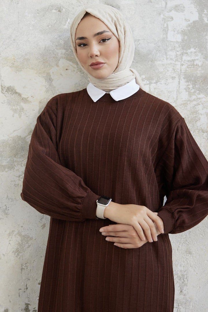 MDS Women Elois Balloon Sleeve Ribbed Knit Dress - Dark Brown - Doetinchem