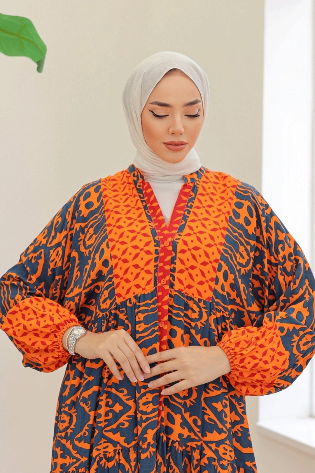MDS Women Patterned Balloon Sleeve Orange Viscose Dress - Gloucester