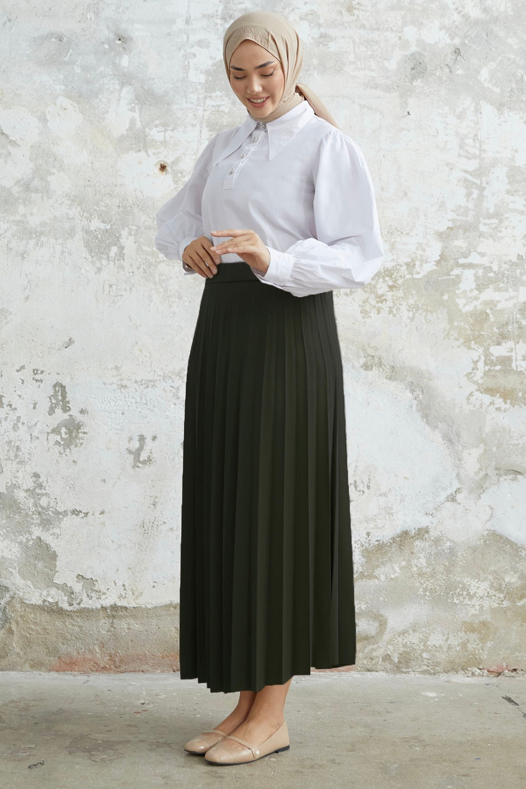 MDS Women Luisa Beli Rubber Waist Pleated Skirt - Khaki - Orizaba