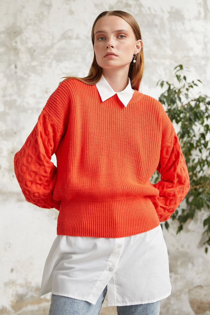 MDS Women Larisa Balloon Sleeve Knit Short Sweater - Orange - Caloundra