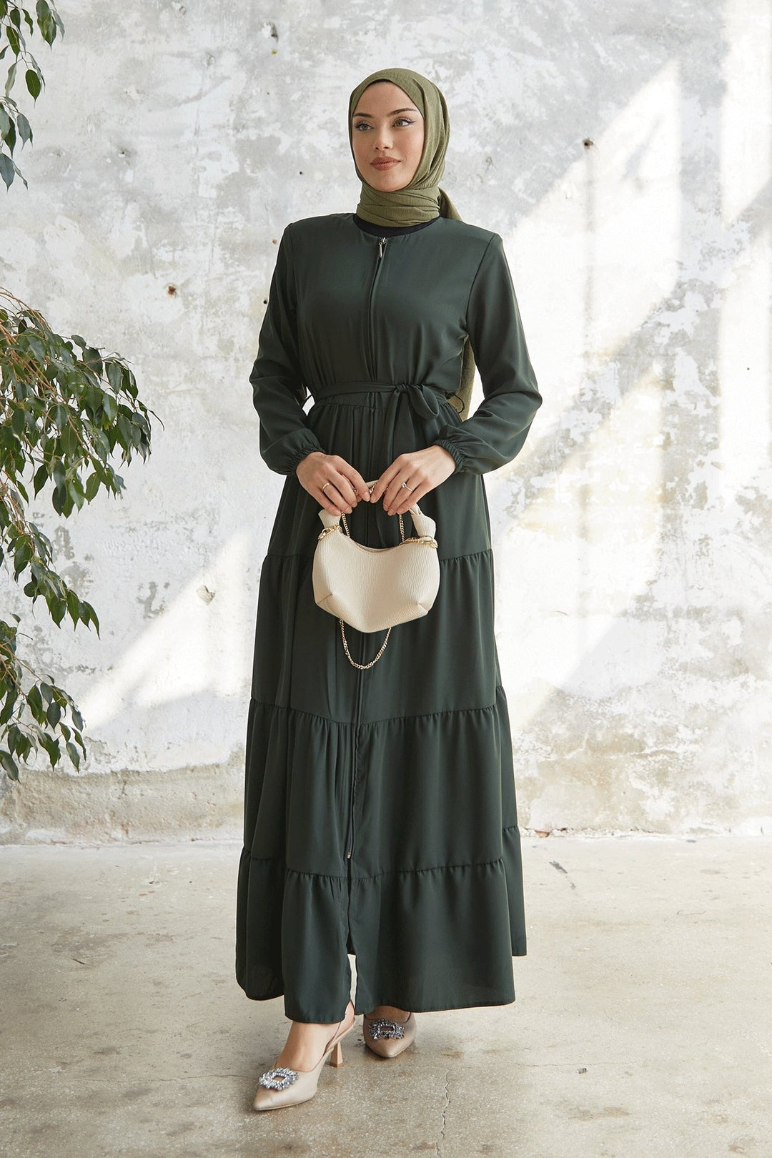 MDS Women Pleated Hem Belted Abaya - Khaki - Solingen