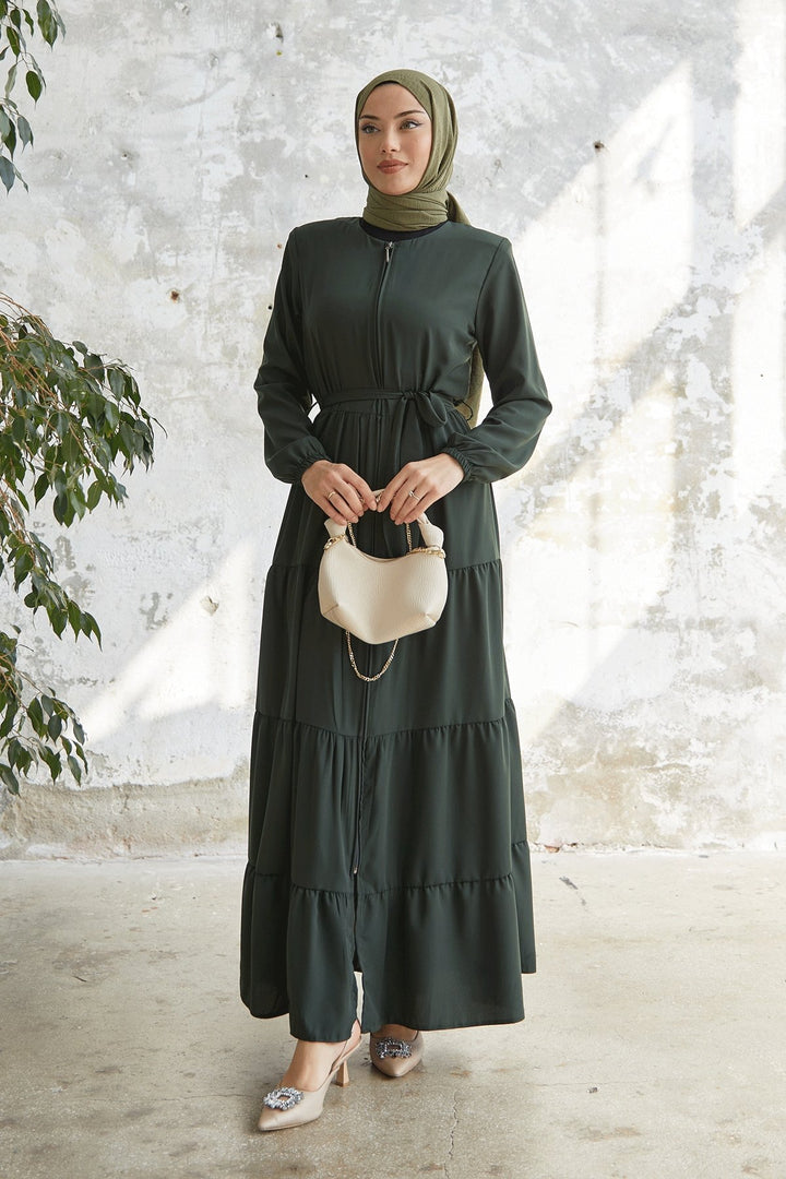 MDS Women Pleated Hem Belted Abaya - Khaki - Solingen