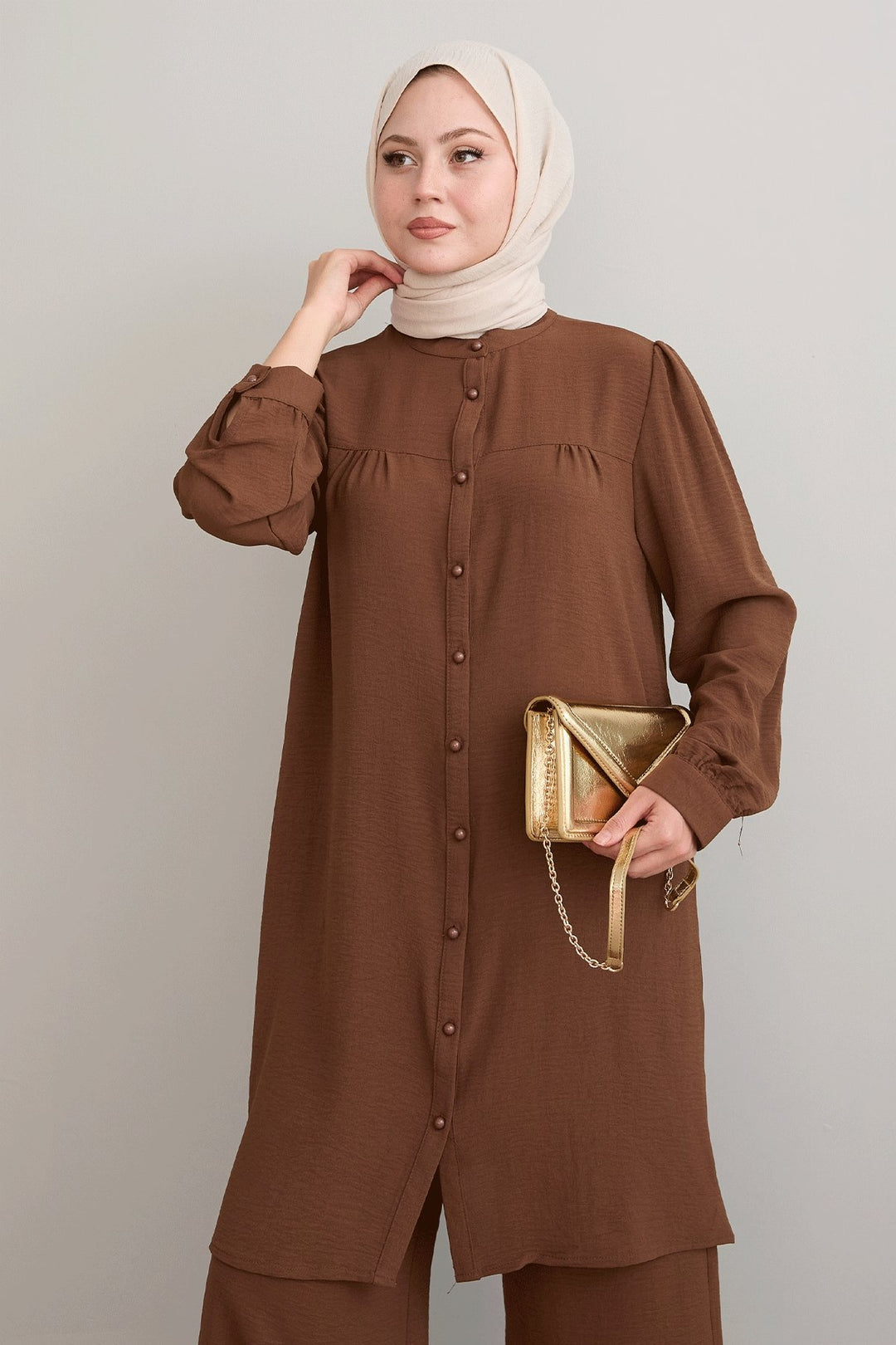 MDS Women Arfa Ayrobin Buttoned Loose Light Brown Suit - Boulder